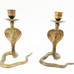Vintage Brass and Enamel Cobra Candlesticks 