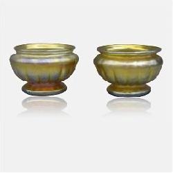 iffany Favrile Ribbed Art Glass Footed Salt Bowls