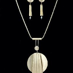 Modernist Sterling Silver Pearl Necklace Earring Set 