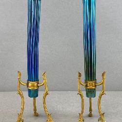 Lot 34: Pair of Steuben Blue Iridescent Vases with Stands