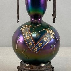 Lot 220: Blue/Purple Iridescent Floral Art Glass Vase with Bronze Handles