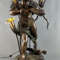 ot 309: Antique Bronze Cupid Lamp by Houdon with Iridescent Gold Glass Shades