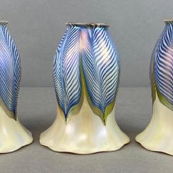 Lot 387: Group of 3 Pulled Feather Iridescent Glass Lamp Shades