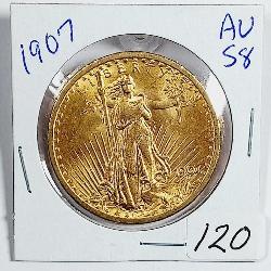 Nice  1907  $20  St Gaudens Gold   AU-58