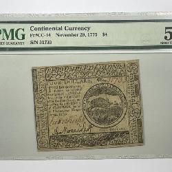 1775 $4 Continental Currency Note PMG AU 53 EPQ