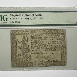 1777 $8 Virginia Colonial Currency Note PMG AU 55