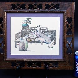 Vintage Original Asian Lady Color Pencil Art Frame