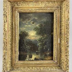 19th Century Moonlit  Landscape Oil on Board