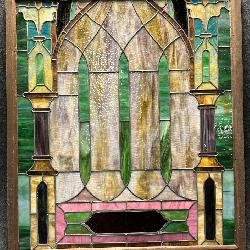 136	19th C Detailed Leaded Stained Glass Window w/ Original Wooden Frame