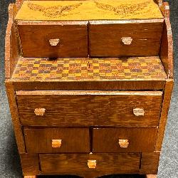 188	Antique Folk Art 6 Drawer Miniature Dresser w/ Inlaid Rest, Carved Feet, Pyography Eagles & Flor