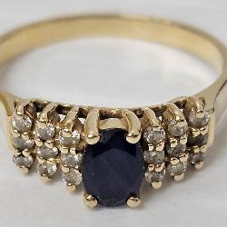 Blue Sapphire w Diamonds 14K Gold Ring Sz 7