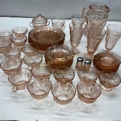 52 PC. PINK DEPRESSION GLASS WITH ROSES