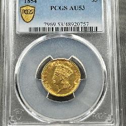1854 Princess Head $3.00 Gold Coin in PCGS AU53 holder