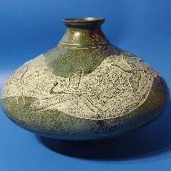 Glazed Metal Vase w/Cranes & Artist Name
