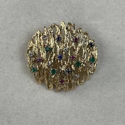 14KYG Emerald Sapphire Ruby Diamond Brooch