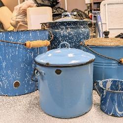 Vintage Blue Enamelware Pots & Cup