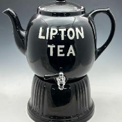 2 Gal. Hall China Lipton Teapot Dispenser w/ original base, lid, and spigot