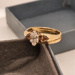 14k Gold and Marquise Diamond Cathedral Engagement Ring- Wedding Set