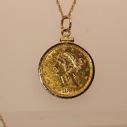  1881 Gold coin in bezel with 14k gold necklace