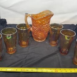 Carnival Glass Pitcher w 6 glasses grape and