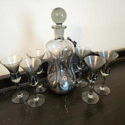 Vtg Smokey Kastrup Holmegaard pinched Decanter and Cordial glasses