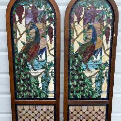 #5263 Pair of stained glass peacock panels