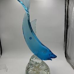 VERY LARGE BLUE ALVIN ART GLASS FISH WITH ROCK
