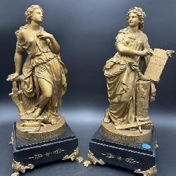 2 ANTIQUE FRENCH POETRY FIGURES ON MARBLE BASES