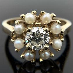 14K Gold Diamond & Pearl Ring, Size 6