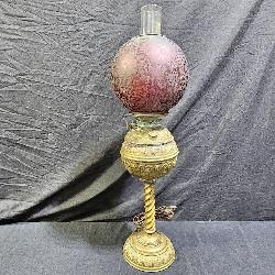 Antique Etched Cranberry & Brass Parlor Lamp