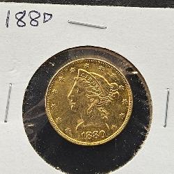 1880 Half Eagle $5 Gold Coin