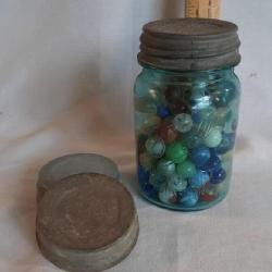 BLUE PINT JAR OF OLD MARBLES, 2 EXTRA