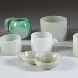 Eight Chinese Jade & Jadeite Bird Feeders and Water Containers