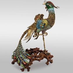 Chinese Enamel On 925 Silver Phoenix With Coral And Turquoise On A Carved Boxwood Stand