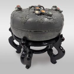 19th Century Chinese Lidded Pewter Dish Decorated With Precious Stone On Wooden Stand