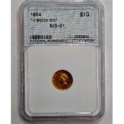 Graded 1854 G$1 Indian Princess Small Head MS-61 Gold Dollar Rare Coin