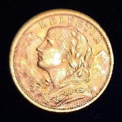 1927 Switzerland 20 Francs Gold Coin, 90% Gold, 6.452g Total Weight