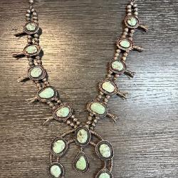 LARGE STERLING SILVER TURQUOISE SQUASH BLOSSOM NECKLACE