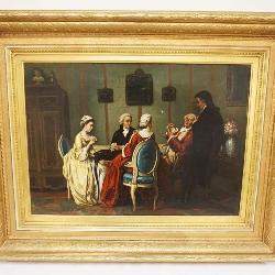 1071	ANTIQUE OIL PAINTING ON CANVAS PARLOR SCENE OF PEOPLE GATHERED AT TABLE PLAYING CARDS, SMALL TEAR IN CANVAS, APPROXIMATELY 35 IN X 28 IN OVERALL