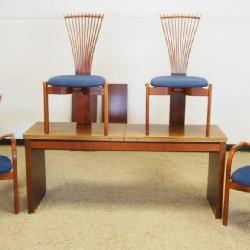 1113	DANISH MAHOGANY TABLE W/4 BENTWOOD FAN BACK CHAIRS, TABLE APPROXIMATELY 67 1/4 IN X 18 1/4 IN X 29 IN HIGH W/2 LEAVES, APPROXIMATELY 94 1/2IN X 37 IN OPEN, TABLE TOP HAS FINISH WEAR