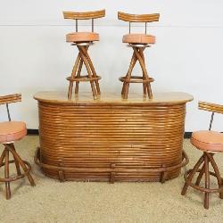 1120	VINTAGE TIKI STYLE BAMBOO BAR, FORMICA TOP W/4 SWIVEL MATCHING BAR STOOLS, BAR APPROXIMATELY 73 IN X 23 IN X 37 IN HIGH