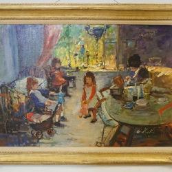 1084	LARGE OIL PAINTING ON CANVAS, SCENE DEPICTING WOMAN SEWING WHILE CHILDREN ARE PLAYING, ARTIST SIGNED LOWER RIGHT, APPROXIMATELY 44 IN X 33 IN OVERALL