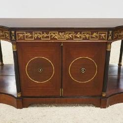 1185	MAHOGANY REGENCY STYLE DOUBLE DOOR, 3 DRAWER SERVER WITH EBONIZED COLUMNS AND APPLIED GREEK KEY AND FLORAL TRIM WITH MIRROR BACK. APPROXIMATELY 72 IN X 21 IN X 35 IN H