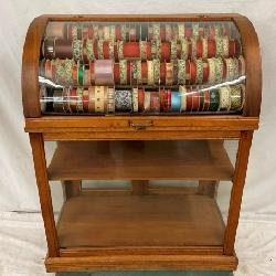 EARLY OAK CURVED GLASS RIBBON CABINET