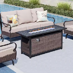 Phi Villa 4pc Metal Frame Dark Brown Rattan Patio Set w/ Fire Pit Table