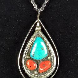 Sterling Silver Turquoise And Coral Spinning Teardrop Pendant On Sterling Silver 18