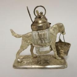 1044A	VICTORIAN STYLE CONDIMENT SET WITH FIGURE OF DOG CARRYING A BUCKET IN HIS MOUTH, APPROXIMATELY 6 IN H