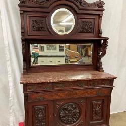 ORNATE CHOC. MARBLE WALNUT SIDEBOARD W/ MIRRORS 