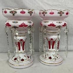 PAIR LUSTERS PARLOR LAMPS W/ GLASS PRISOMS 