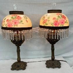 PAIR MATCHING BRASS VICTORIAN PARLOR LAMPS W/ PRISMS 